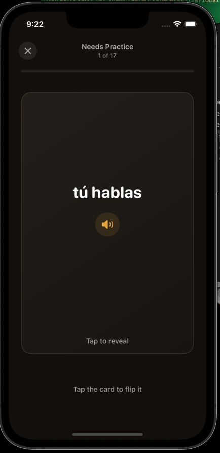 3D flashcard showing quisiera pedir with mastery tracking
