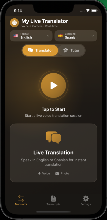 App home screen with Translator and Tutor modes