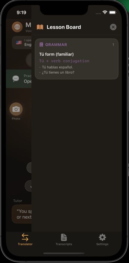 Lesson Board showing vocabulary learned during tutoring
