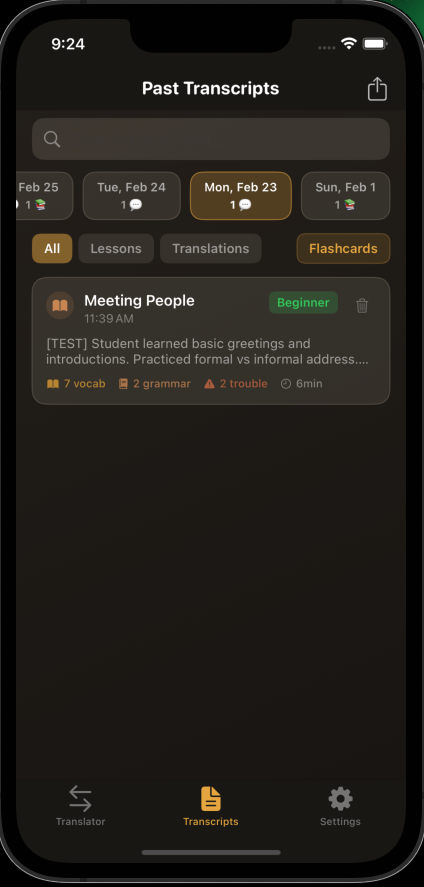 Detailed session view with objectives, transcript, and vocabulary