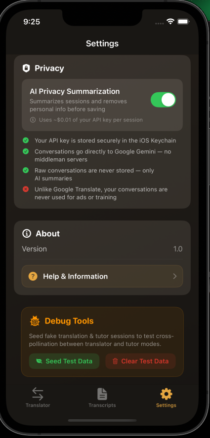 Settings showing language selection, AI voice, and privacy controls