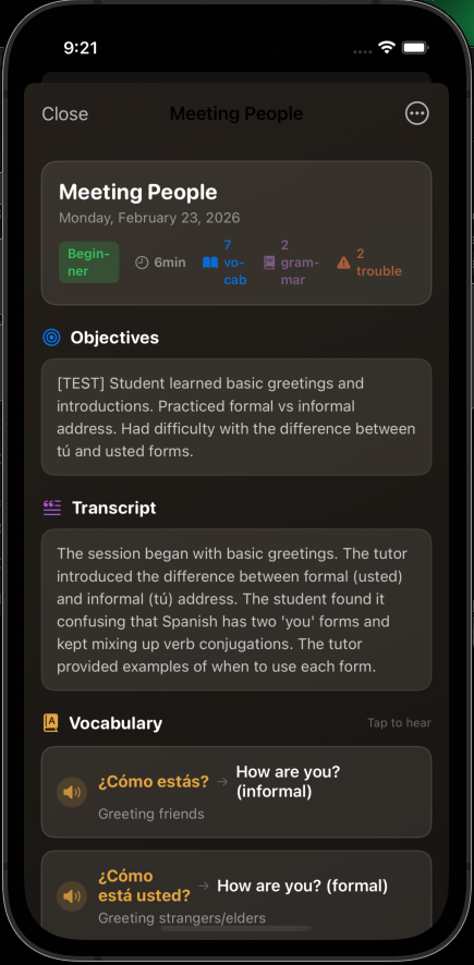 Past transcripts showing translation and tutor sessions with vocabulary counts