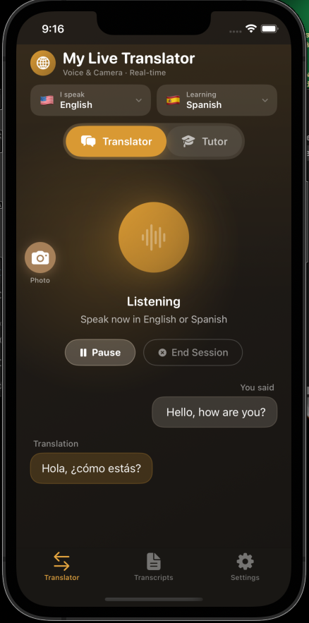 Live translation in action — English to Spanish