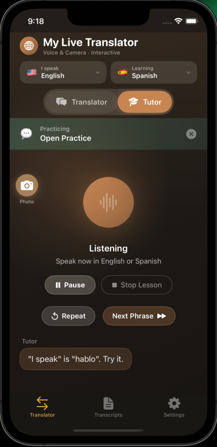 AI tutor listening and teaching phrases
